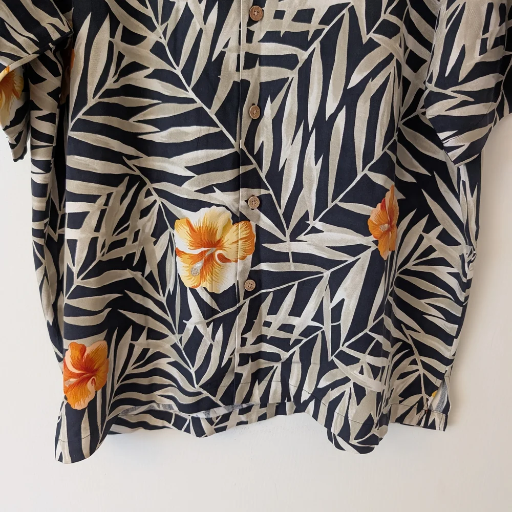 Honolulu Lulu Mens Large 100% Silk Hawaiian Shirt Black Brown Vacation Resort - Picture 2 of 6